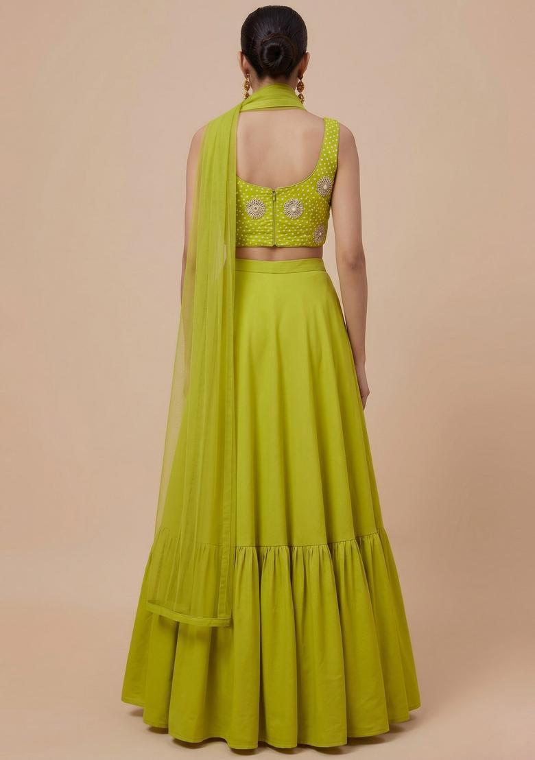 Lime Green Printed Crepe Lehenga Set - Indya