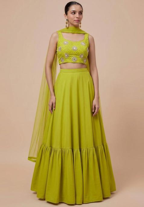 Lime Green Printed Crepe Lehenga Set
