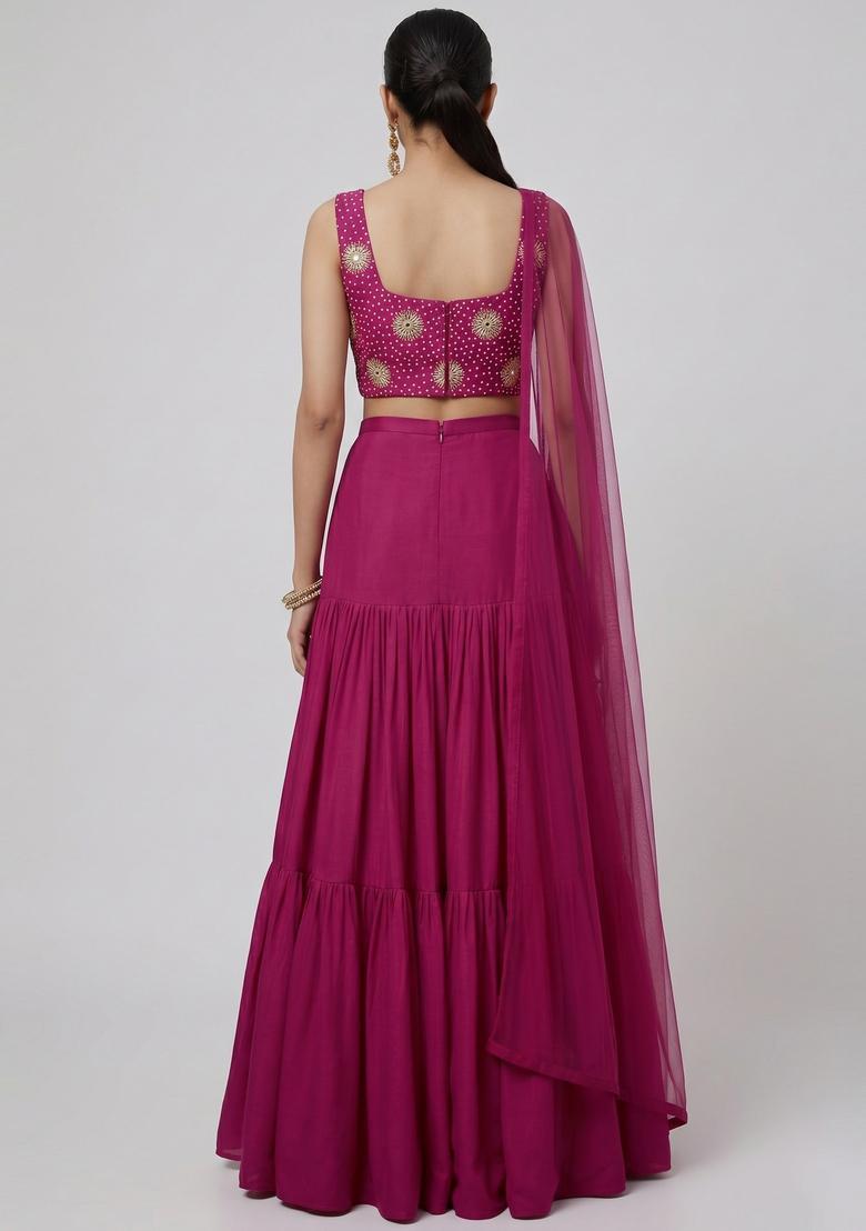 Magenta Printed Crepe Lehenga Set - Indya