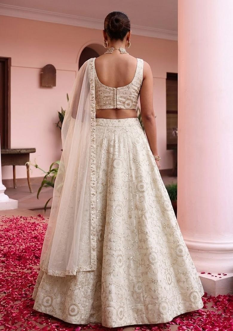 Ivory Embroidered Tissue Lehenga Set - Indya