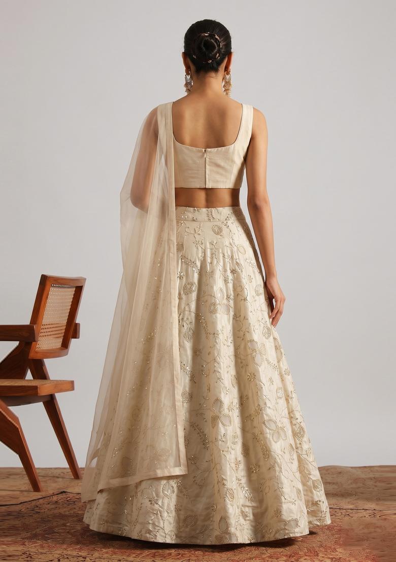 Off White Embroidered Tissue Lehenga Set - Indya