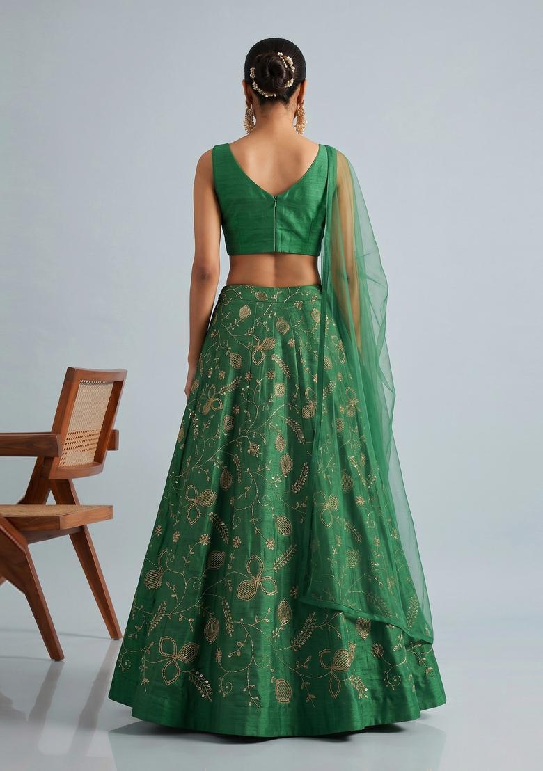 Emerald Green Embroidered Lehenga Set - Indya