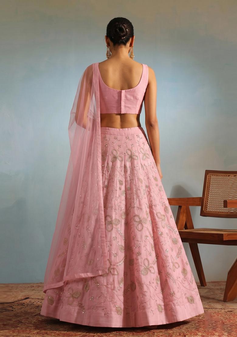 Pastel Pink Embroidered Lehenga Set - Indya