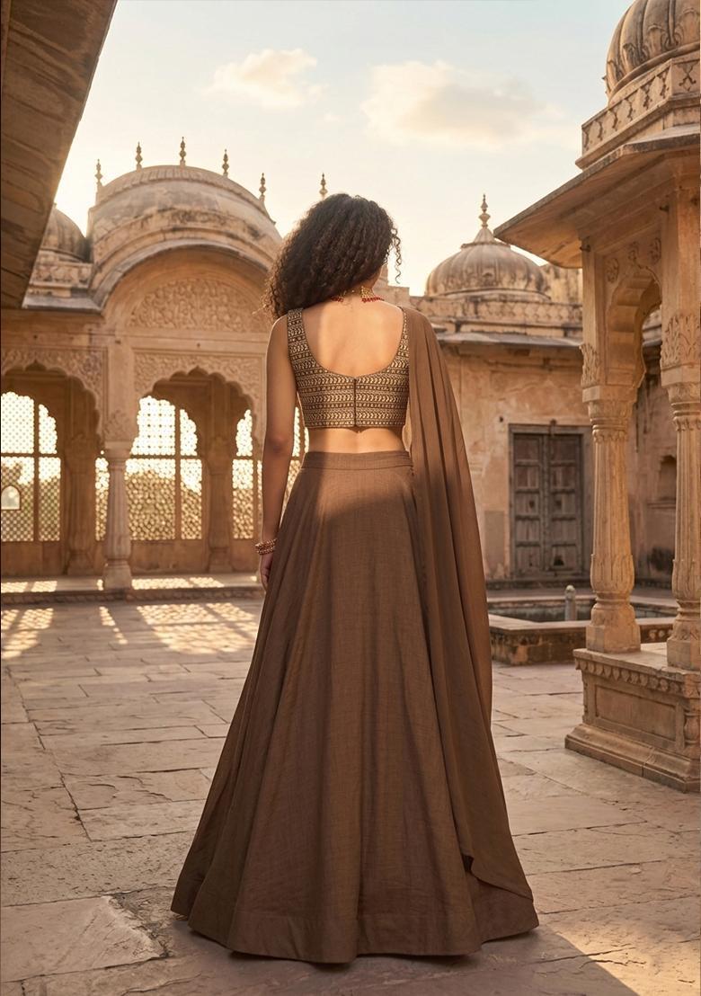 Coffee Brown Printed Lehenga Set - Indya