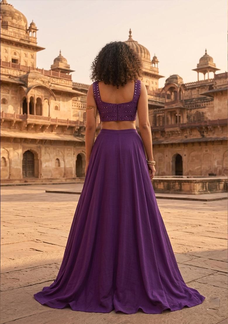 Deep Purple Mirror Lehenga Set - Indya