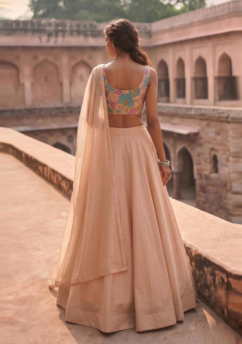 Beige Printed Organza Lehenga Set - Indya