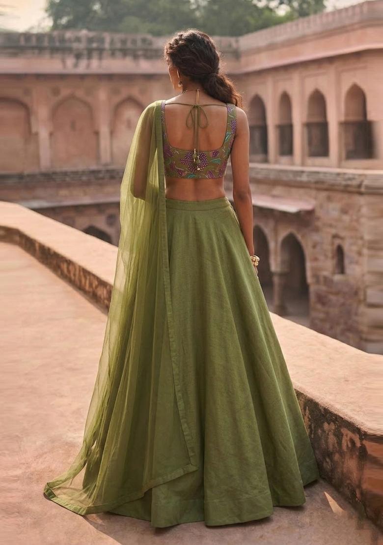 Olive Green Printed Organza Lehenga Set - Indya