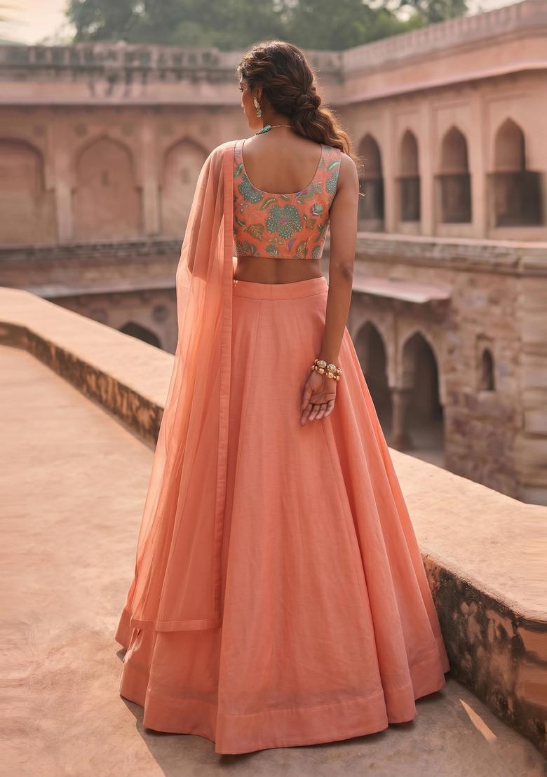 Peach Printed Organza Lehenga Set - Indya