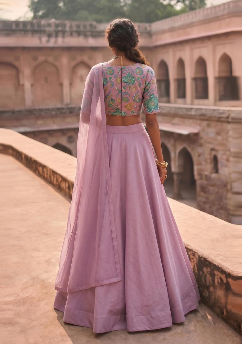 Lilac Printed Organza Lehenga Set - Indya