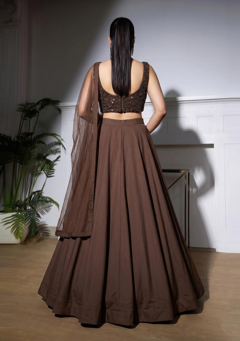 Dark Brown Embroidered Net Lehenga Set - Indya