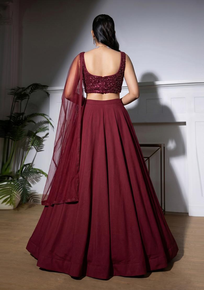 Maroon Embroidered Net Lehenga Set - Indya