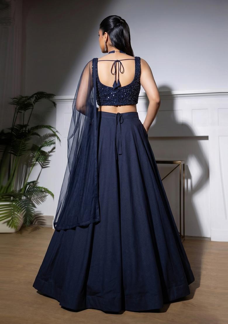 Navy Blue Embroidered Net Lehenga Set - Indya