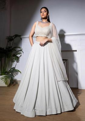 White Embroidered Net Lehenga Set