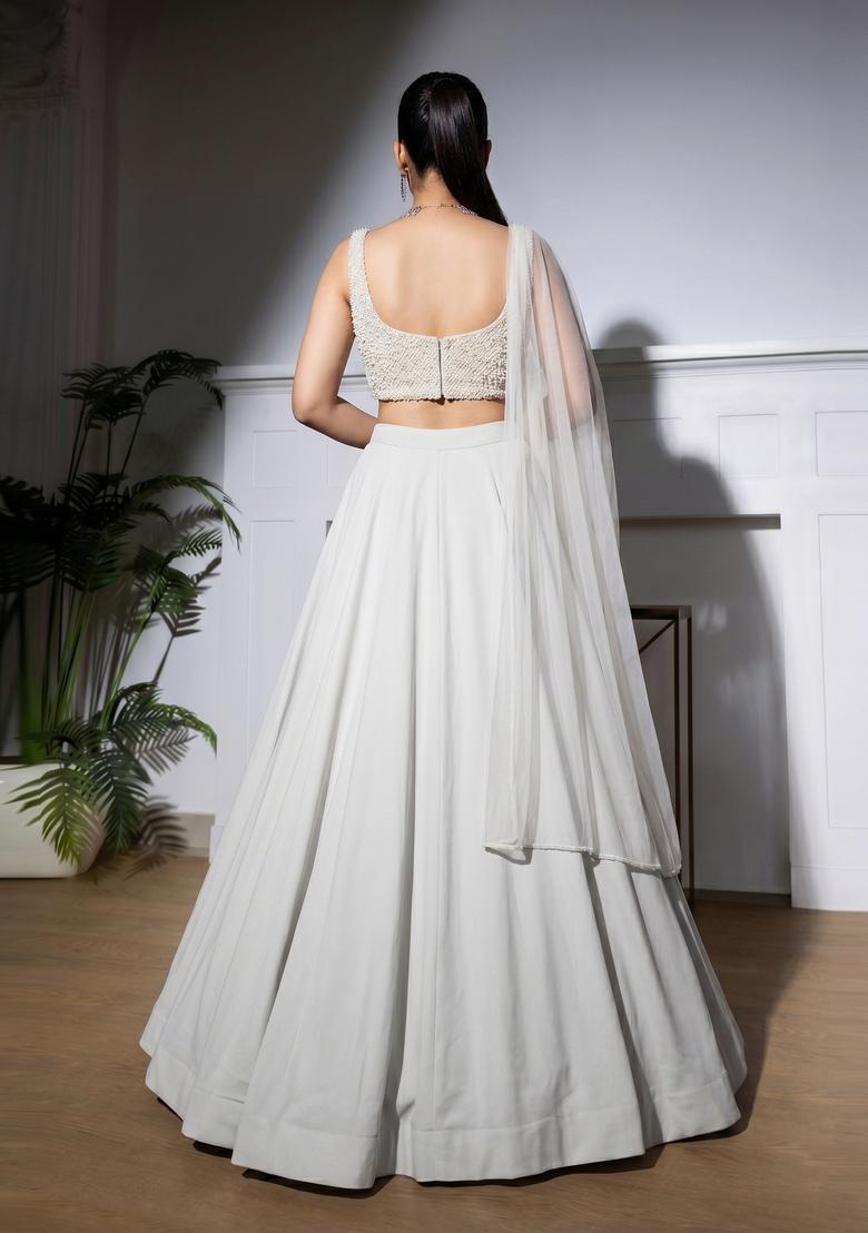 White Embroidered Net Lehenga Set - Indya