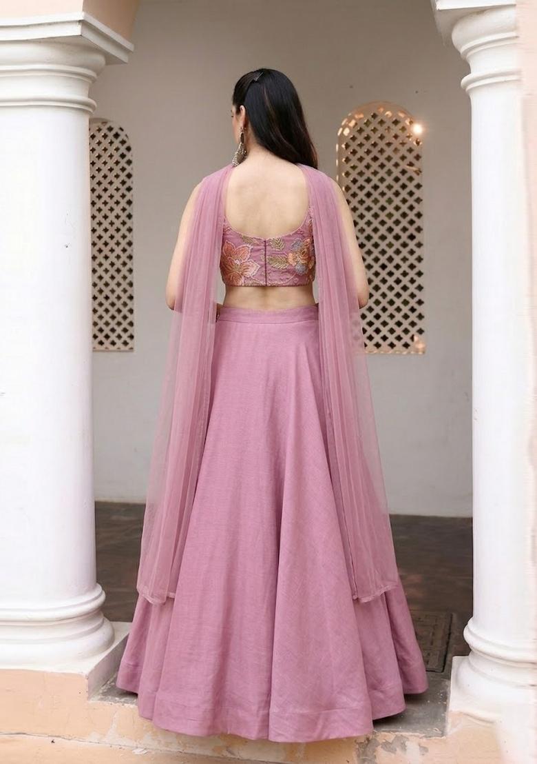 Mauve Printed Organza Lehenga Set - Indya