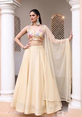 Cream Printed Organza Lehenga Set