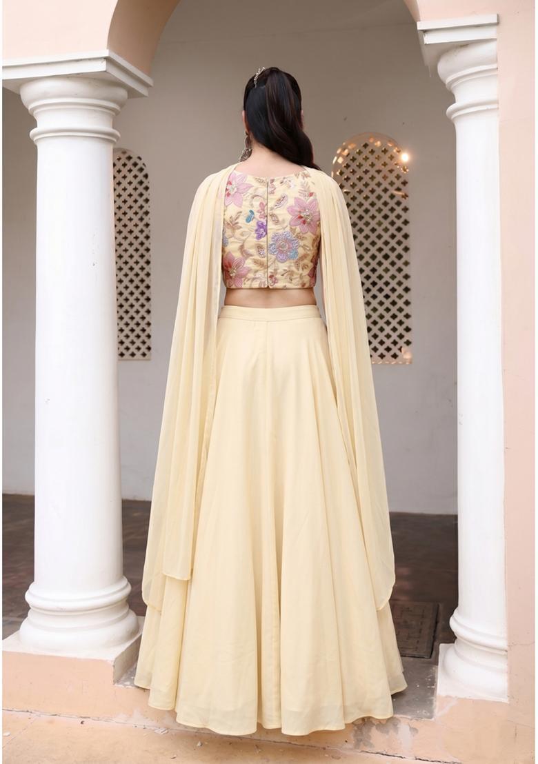 Cream Printed Organza Lehenga Set - Indya
