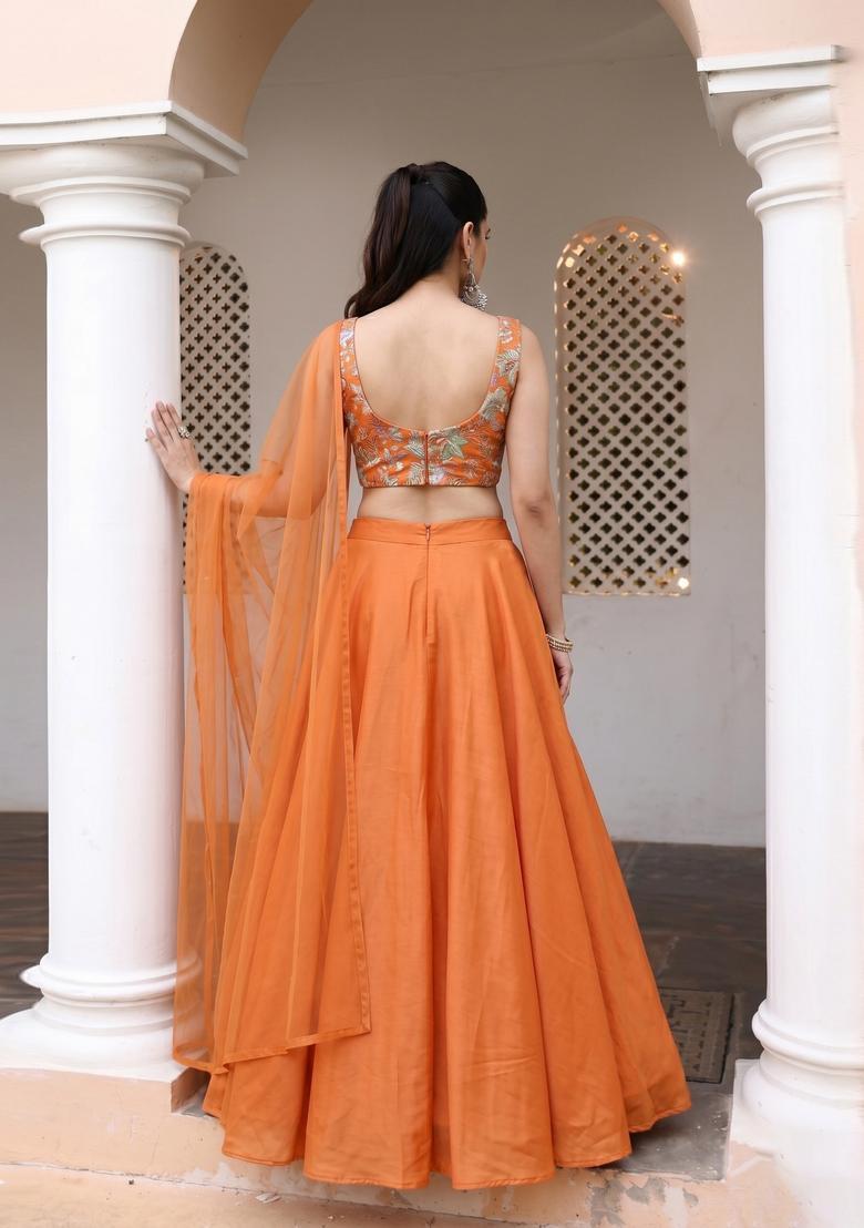 Orange Printed Organza Lehenga Set - Indya