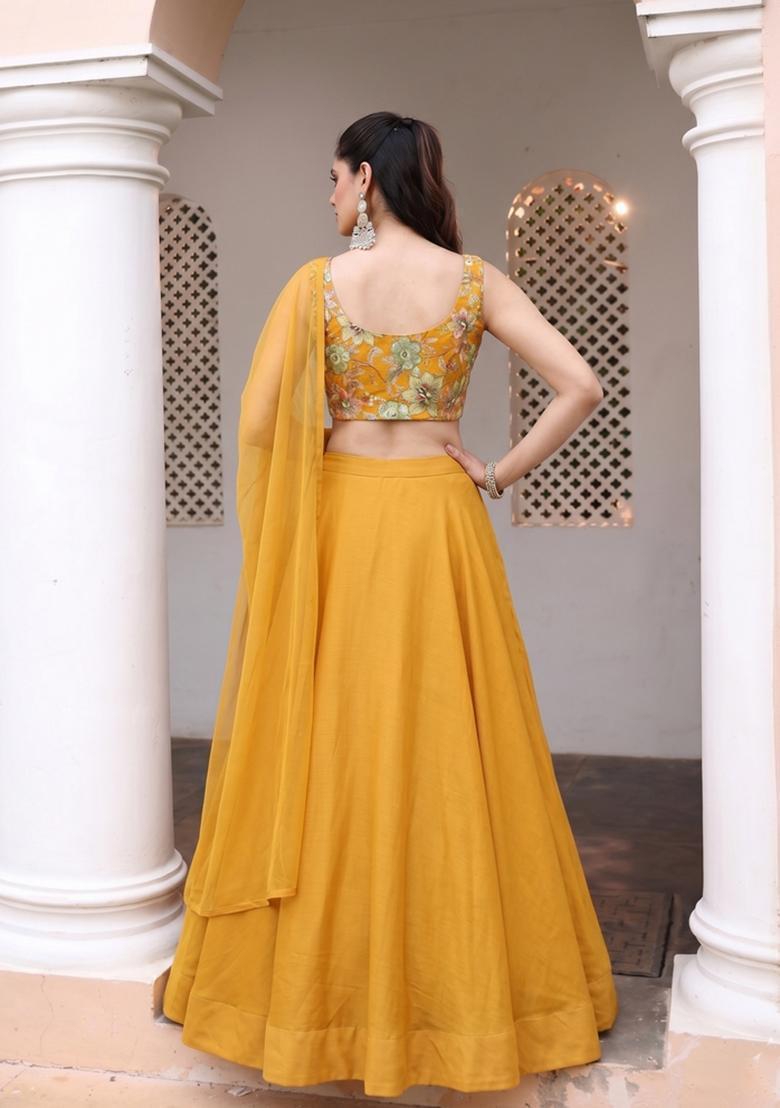 Mustard Yellow Printed Organza Lehenga Set - Indya