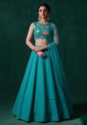 Teal Blue Embroidered Organza Lehenga Set