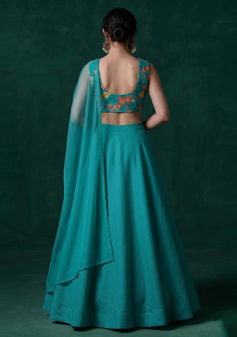 Teal Blue Embroidered Organza Lehenga Set - Indya