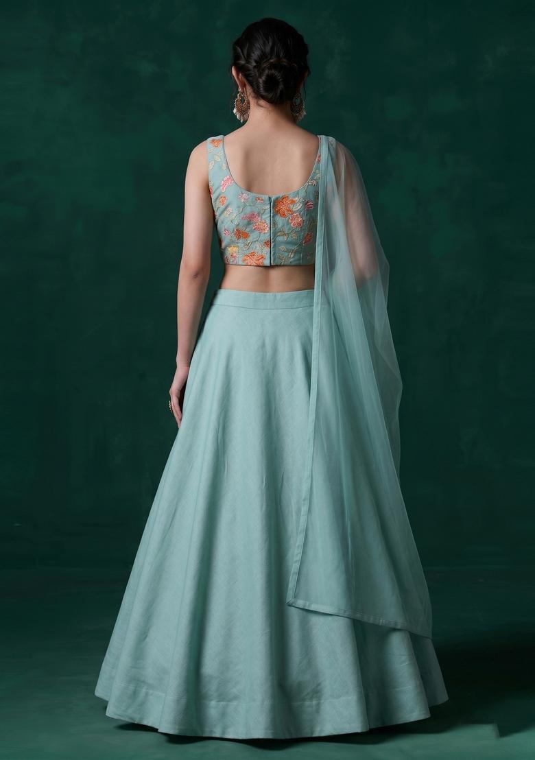 Mint Green Embroidered Organza Lehenga Set - Indya