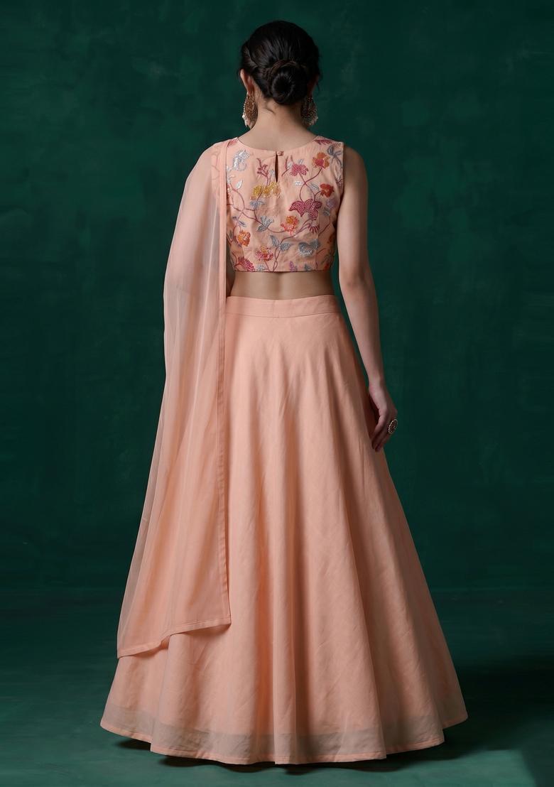 Peach Embroidered Organza Lehenga Set - Indya