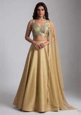 Beige Embroidered Tissue Lehenga Set