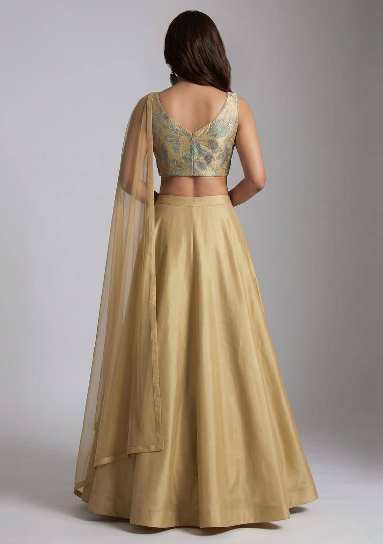 Beige Embroidered Tissue Lehenga Set - Indya