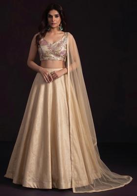 Beige Embroidered Tissue Lehenga Set