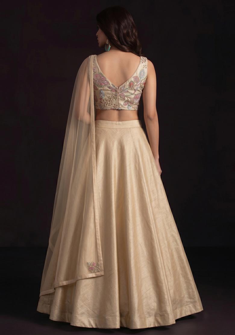 Beige Embroidered Tissue Lehenga Set - Indya