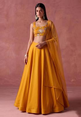 Mustard Yellow Printed Organza Lehenga Set