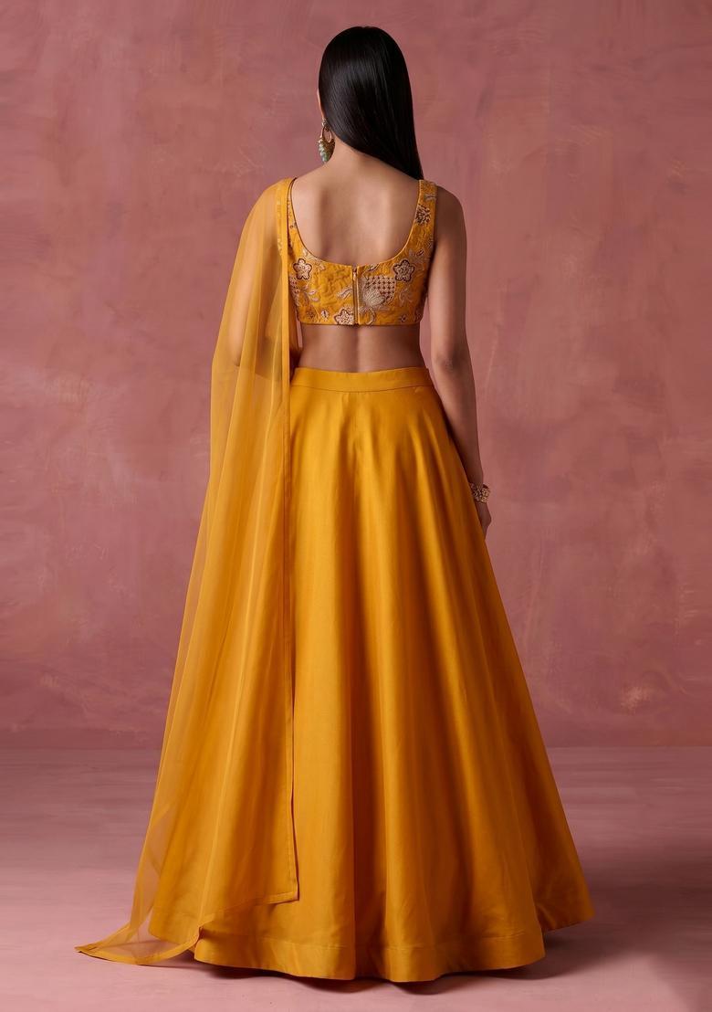 Mustard Yellow Printed Organza Lehenga Set - Indya