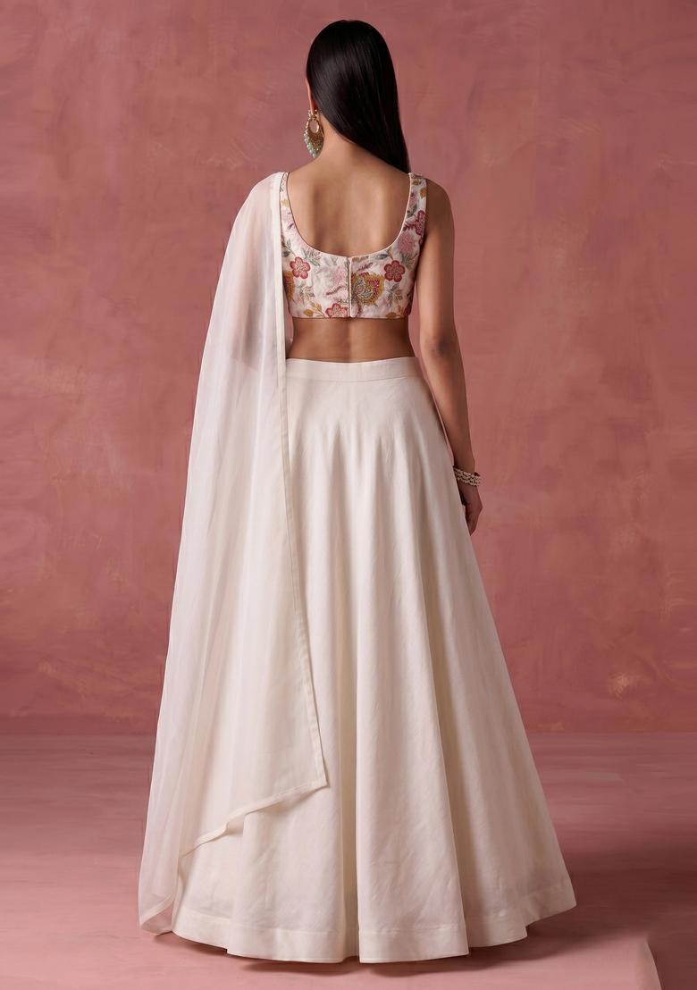 White Printed Organza Lehenga Set - Indya