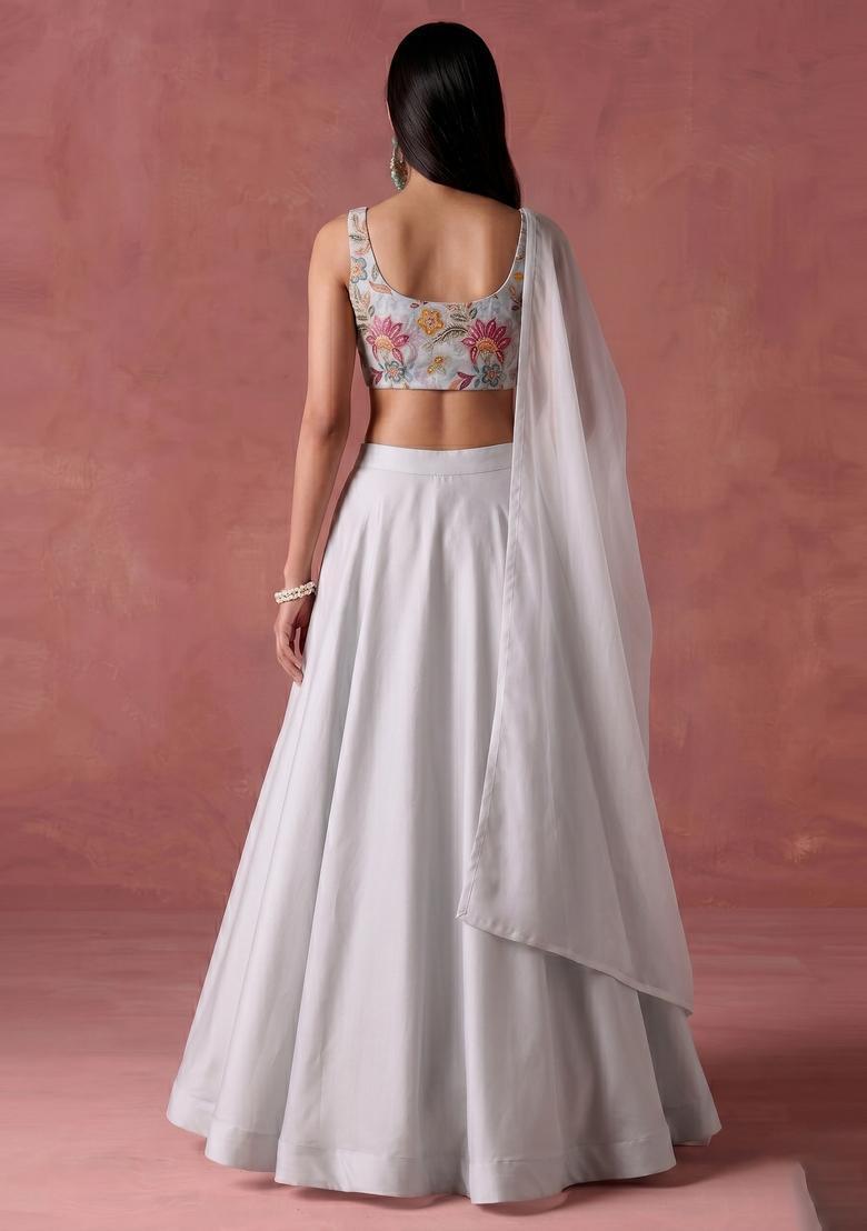Off White Printed Organza Lehenga Set - Indya