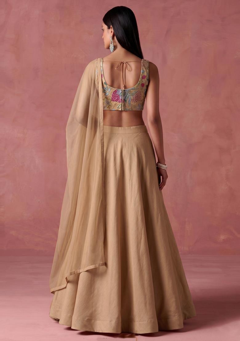 Peach Printed Organza Lehenga Set - Indya