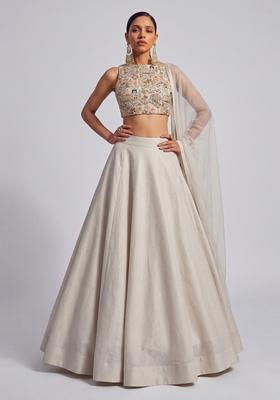 Off-White Embroidered Tissue Lehenga Set