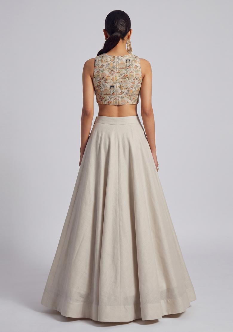 Off-White Embroidered Tissue Lehenga Set - Indya