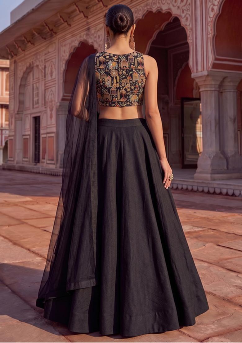 Black Embroidered Tissue Lehenga Set - Indya