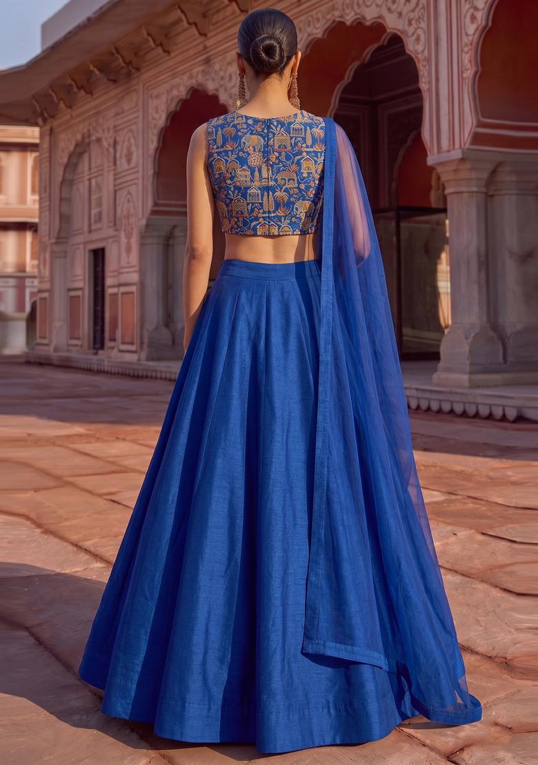 Royal Blue Embroidered Tissue Lehenga Set - Indya