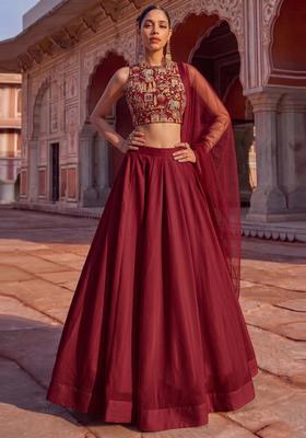 Maroon Embroidered Tissue Lehenga Set