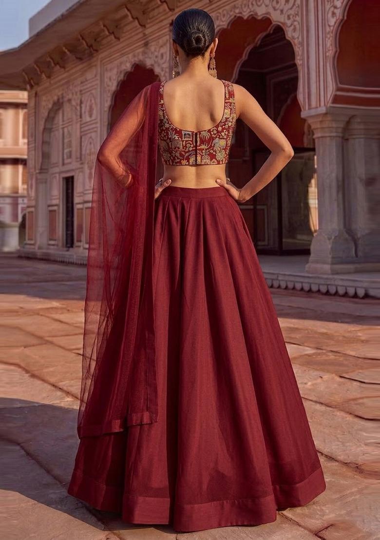 Maroon Embroidered Tissue Lehenga Set - Indya