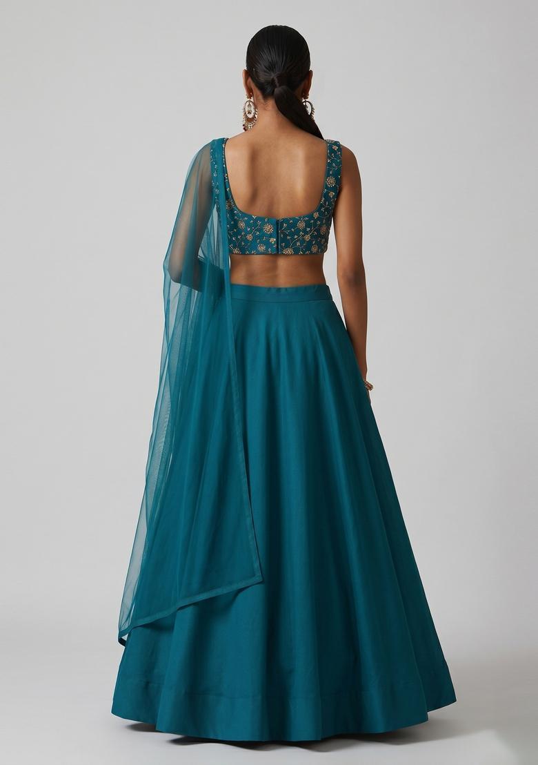 Teal Blue Embroidered Net Lehenga Set - Indya