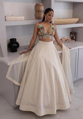 Off-White Printed Crepe Lehenga Set