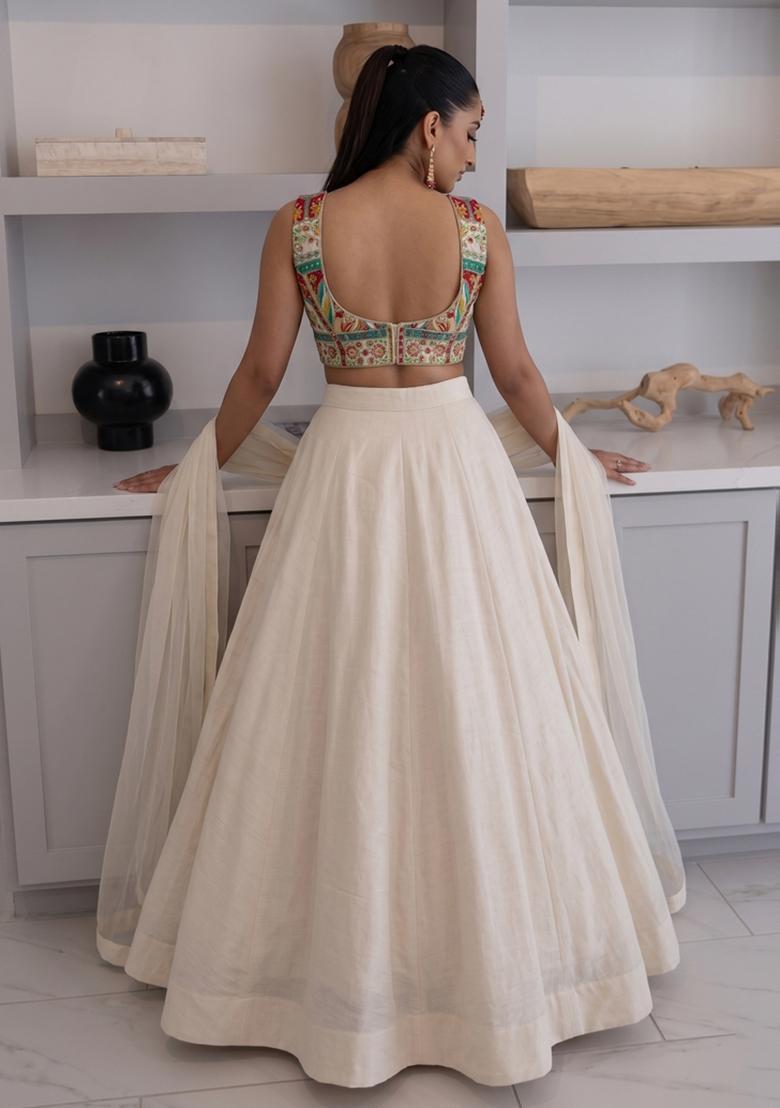 Off-White Printed Crepe Lehenga Set - Indya