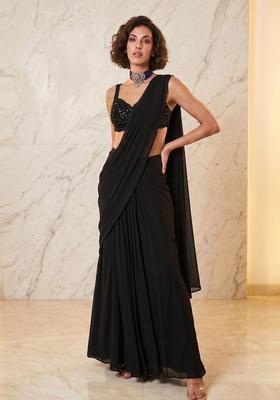 Black Handwork Pre Draped Saree Set