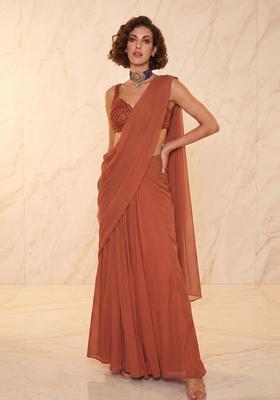 Brown Handwork Pre Draped Saree Set
