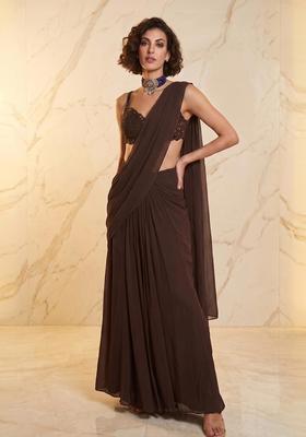 Brown Handwork Pre Draped Saree Set