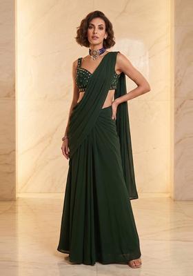 Dark Green Handwork Pre Draped Saree Set