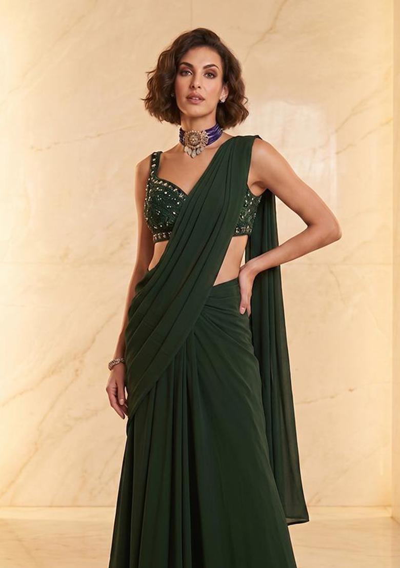 Dark Green Handwork Pre Draped Saree Set - Indya